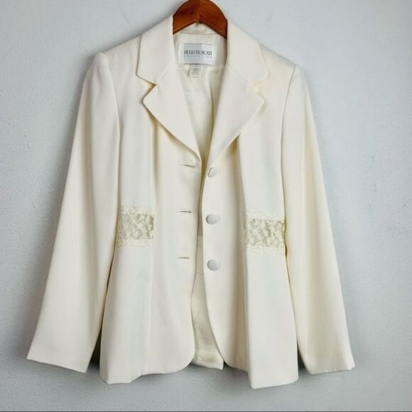 Vintage 80s Hugo Buscati Ivory Lace Trimmed Skirt Suit 2 Piece Set - Picture 6 of 16